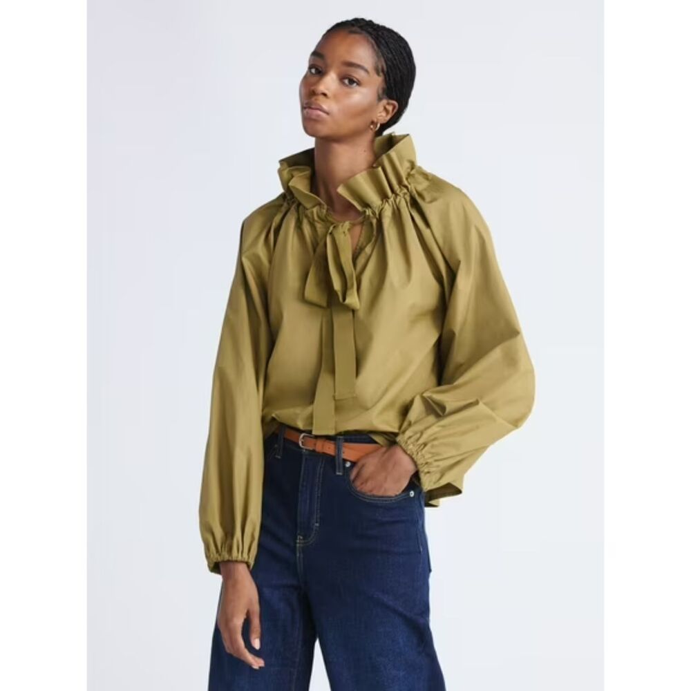 Free Assembly Olive Green Ruffle Neck Tie Blouse Cotton Top Medium NWT